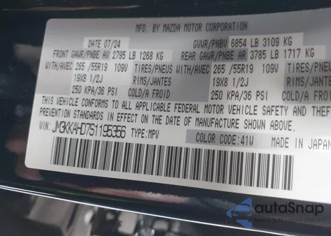2025 Mazda Cx-90 Select z USA, uszkodzony, nr VIN JM3KKAHD7S1195356